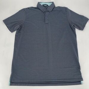 Greyson Mens Striped Golf Polo Shirt Navy Blue Aqua Short Sleeve Large